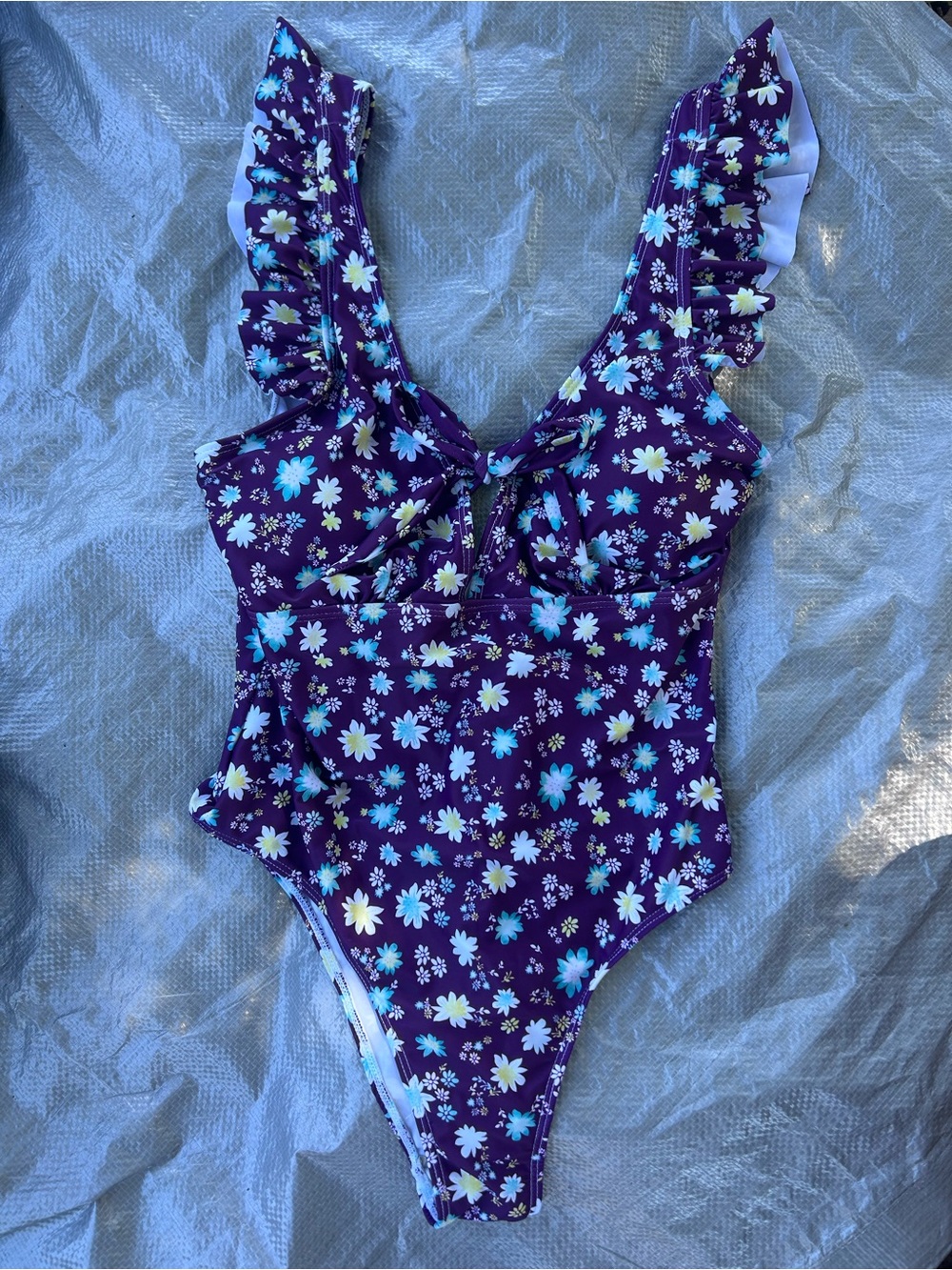 SHEIN Purple Floral Ruffle-Shoulder One-Piece Swimsuit